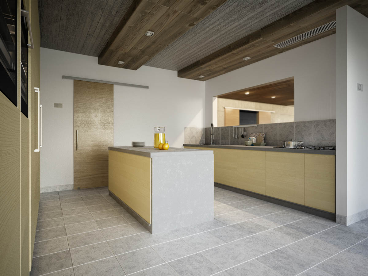 modern-kitchen-island with wooden ceiling 