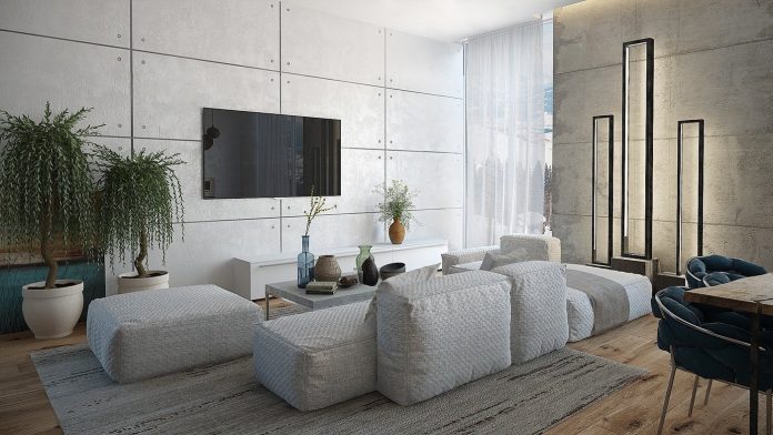 3 Eclectic Modern Apartment Layout with Industrial Concrete Wall Panels ...