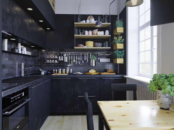 open-shelving-kitchen-black-tiles-textured-panels 