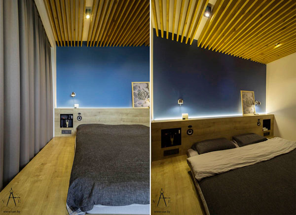 small-bedroom-with-blue-walls-and-wood-ceiling-design