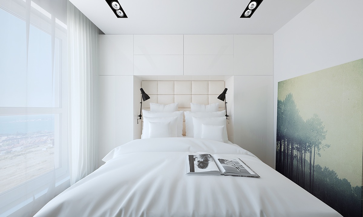 white-bed with artistic decor 