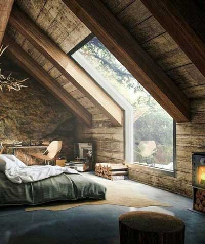 wooden bedroom at the attic