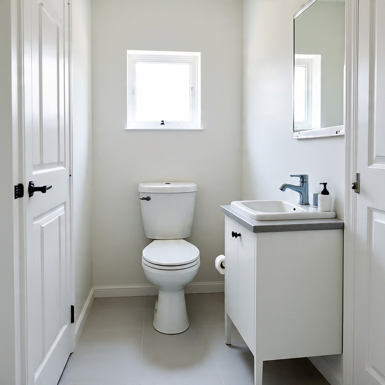 small bathroom with pale neutral colors to create illusion of more space