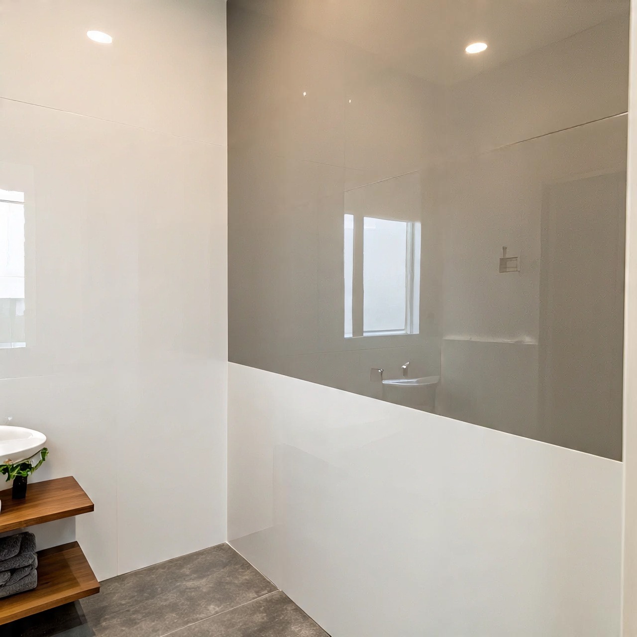 bathroom with glossy ceramic tiles that reflect light for a brighter look