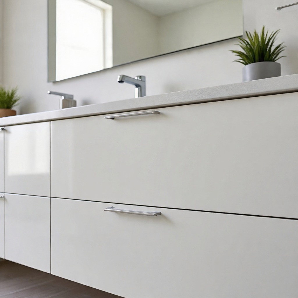 modern bathroom cabinet with soft-close drawers and recessed handles