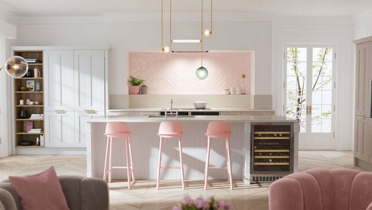 light pink backsplash kitchen