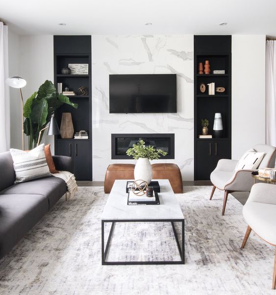 black and white minimalist living room