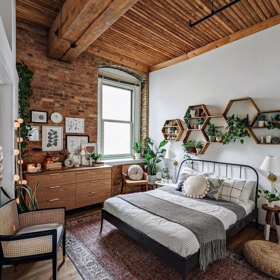 Wooden Boho with Red Brick Wall