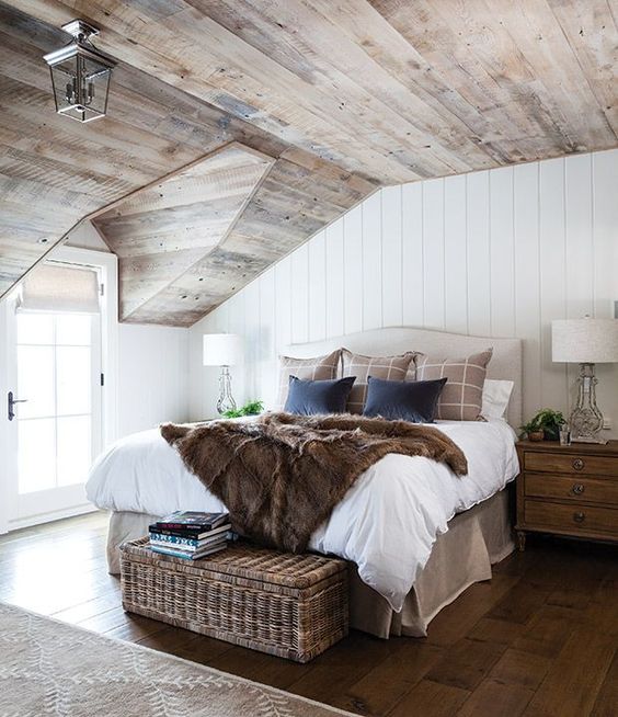 white cozy themed with wooden ceiling