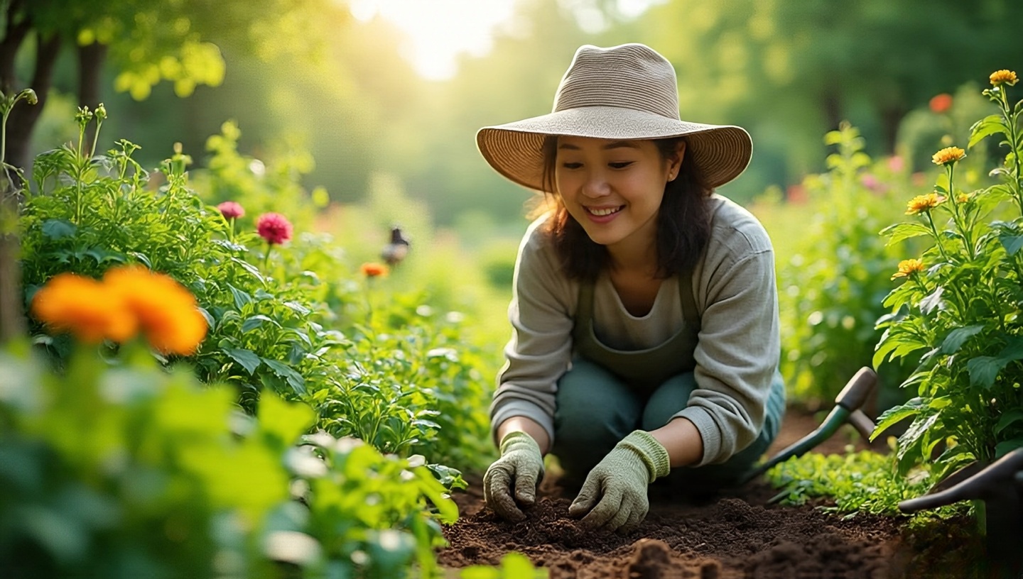 A person gardening with hands in soil, surrounded by lush greenery