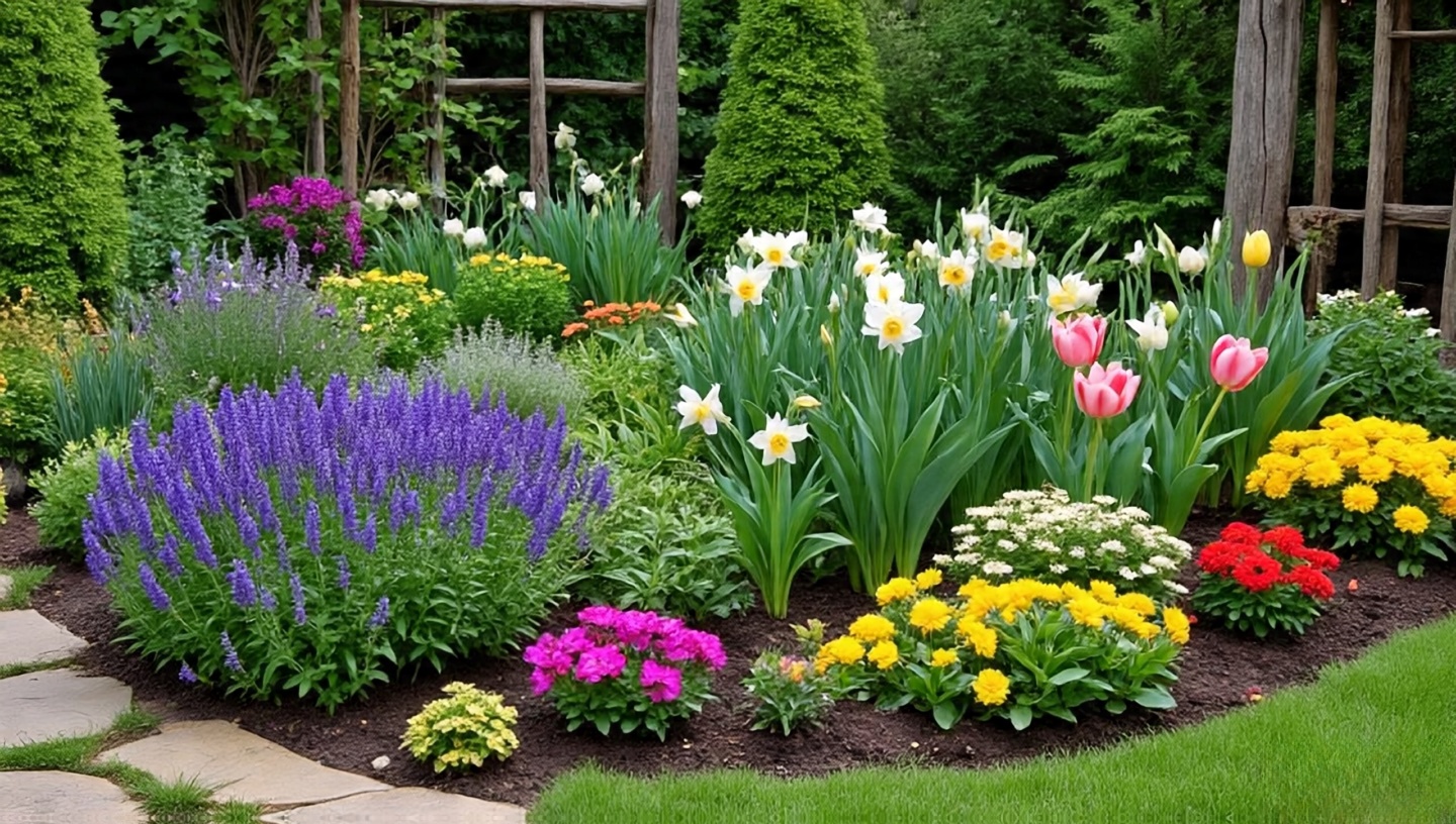 A vibrant flower garden with a mix of colorful blooms and foliage