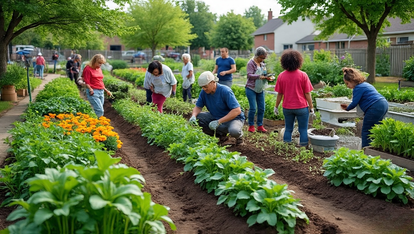 A family gardening together, smiling and planting flowers