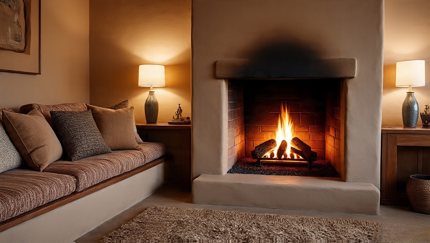 Adobe-inspired fireplace with built-in banco seating and rounded corners in a Southwestern home