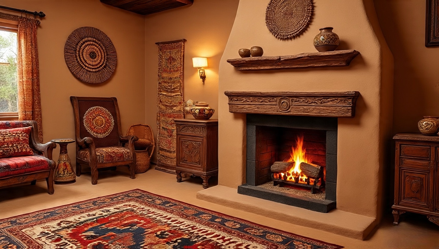 Eclectic Southwestern room with Pueblo fireplace, Navajo rug, Spanish colonial console, and woven baskets