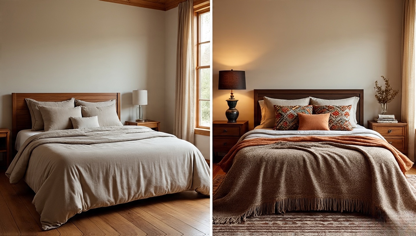 Two Southwestern bedroom looks side by side: minimalist linen retreat and boho layered blankets with terracotta accents
