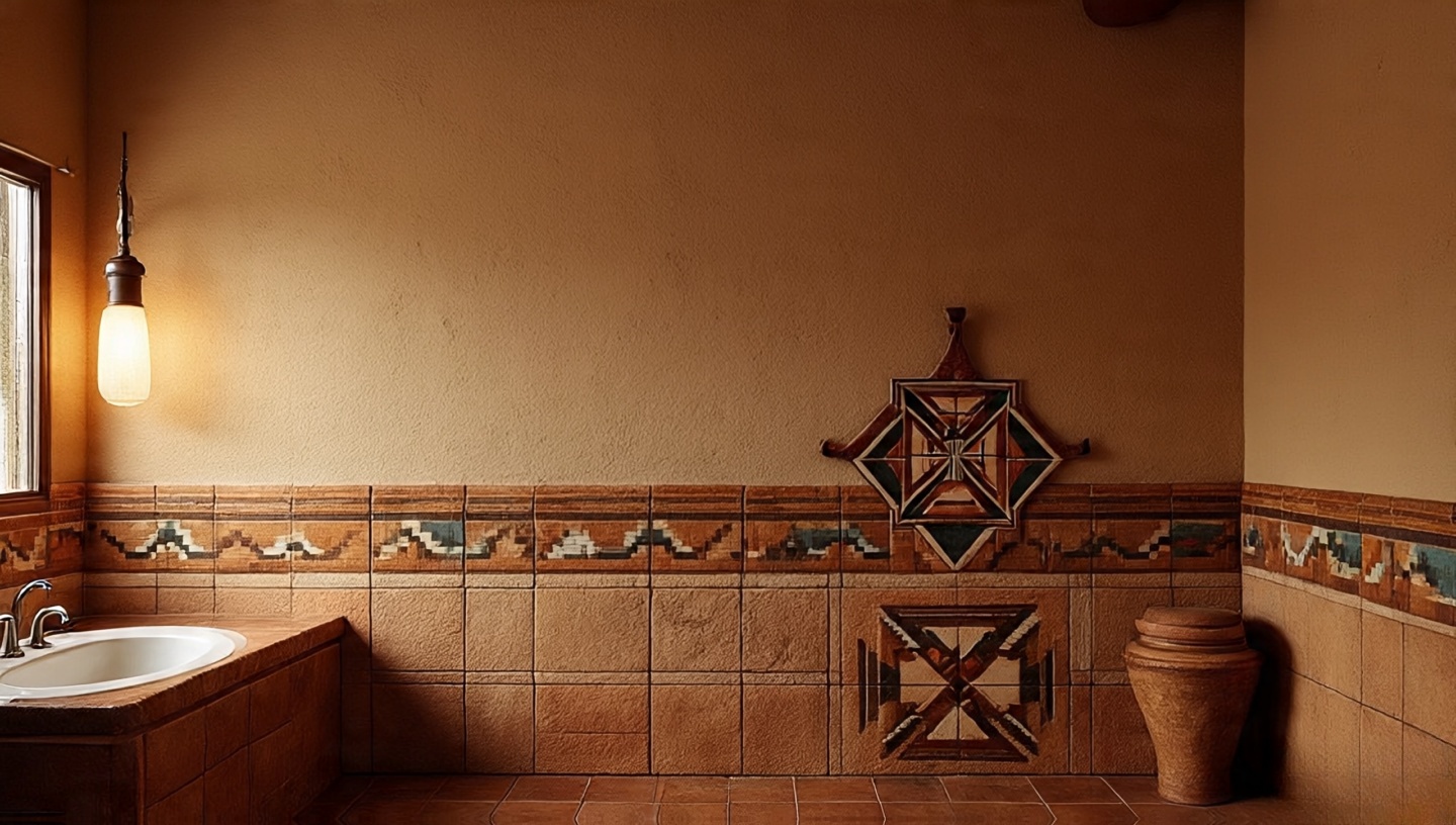 Pueblo Revival inspired bathroom wall with adobe-like tiles and handcrafted geometric ceramic inserts