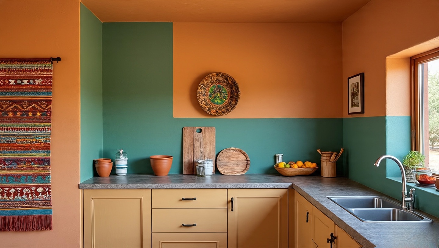 Southwestern kitchen with desert-inspired colors: terracotta, sage, and turquoise