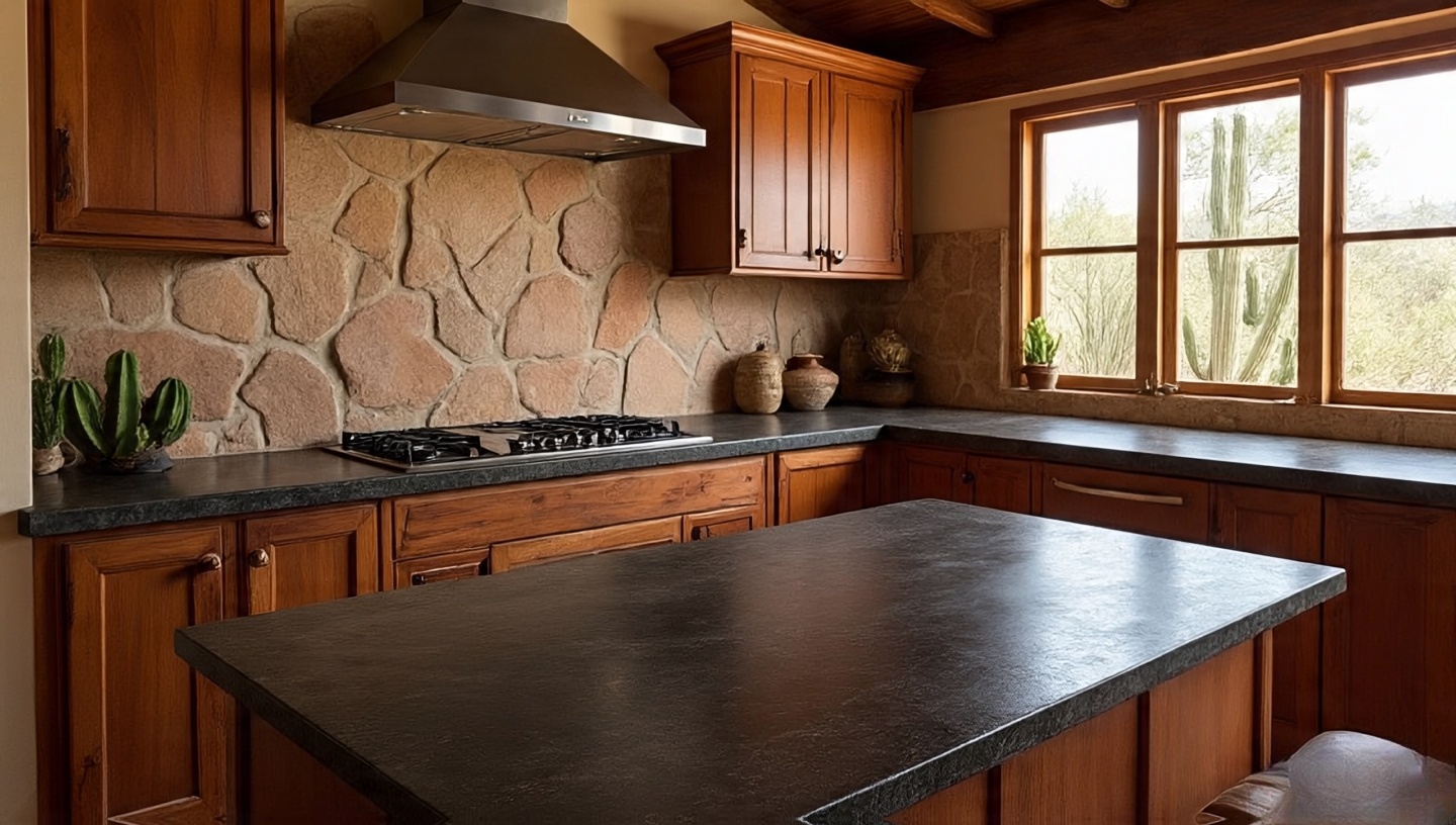 Southwestern kitchen vignette with matte dark soapstone countertops and handmade clay tile backsplash in warm reddish hues