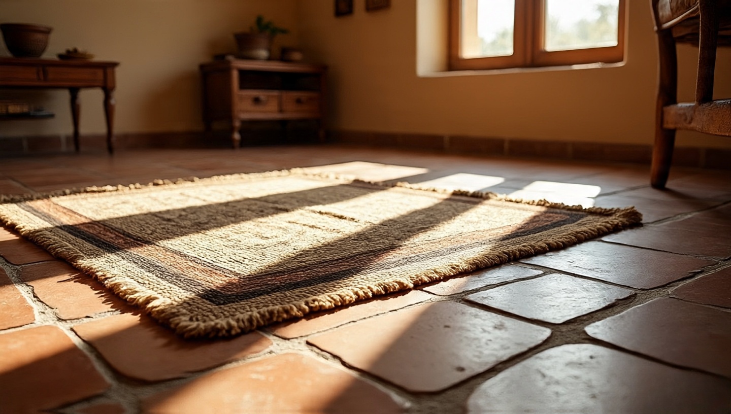 Saltillo tile floor with natural variation layered with a wool rug to add warmth and character