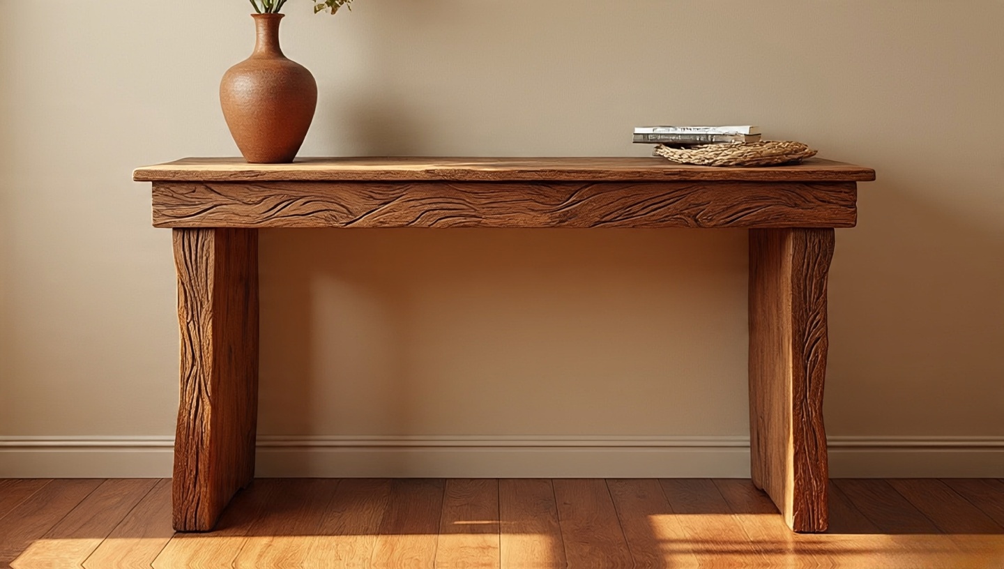 Hand-carved wooden console table with artisan details and etched patterns in Southwestern style interior