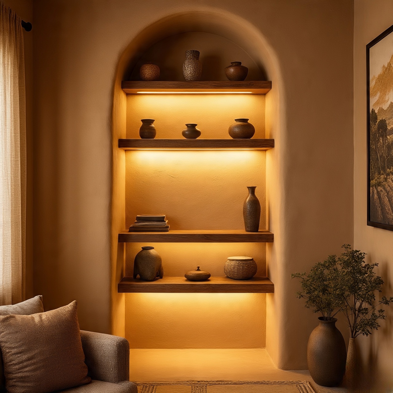 Nicho-inspired Southwestern alcove lighting echoing Pueblo Revival traditions