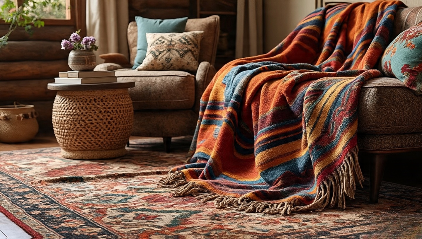 Layered textile arrangement with Navajo patterned blankets and wool throws on leather sofa