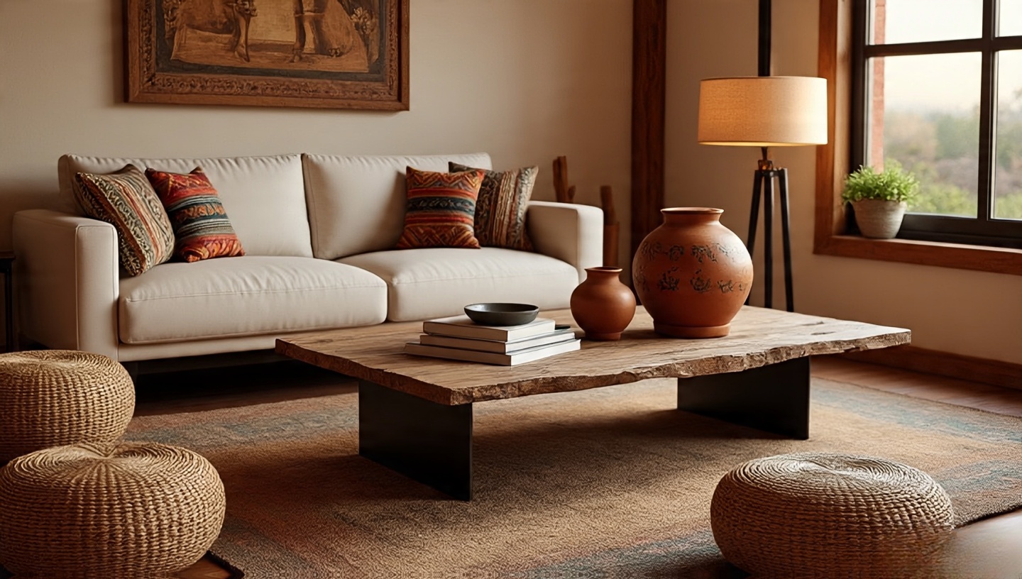 Modern-meets-rustic Southwestern living room with minimalist white sofa, patterned pillows, clay lamp on black metal base, and reclaimed wood coffee table