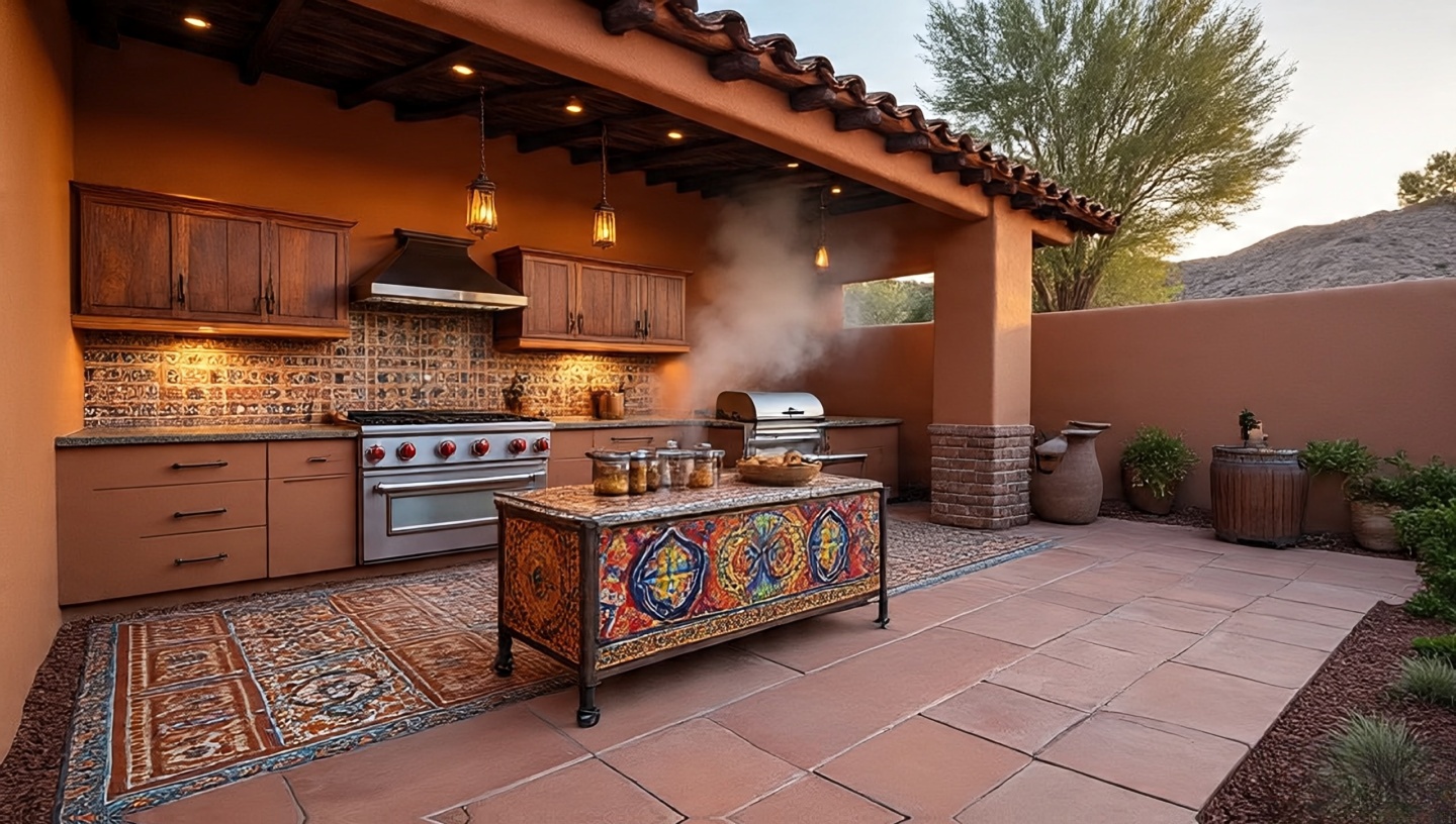 Southwestern outdoor kitchen with Talavera tile accents and mesquite wood preparation area