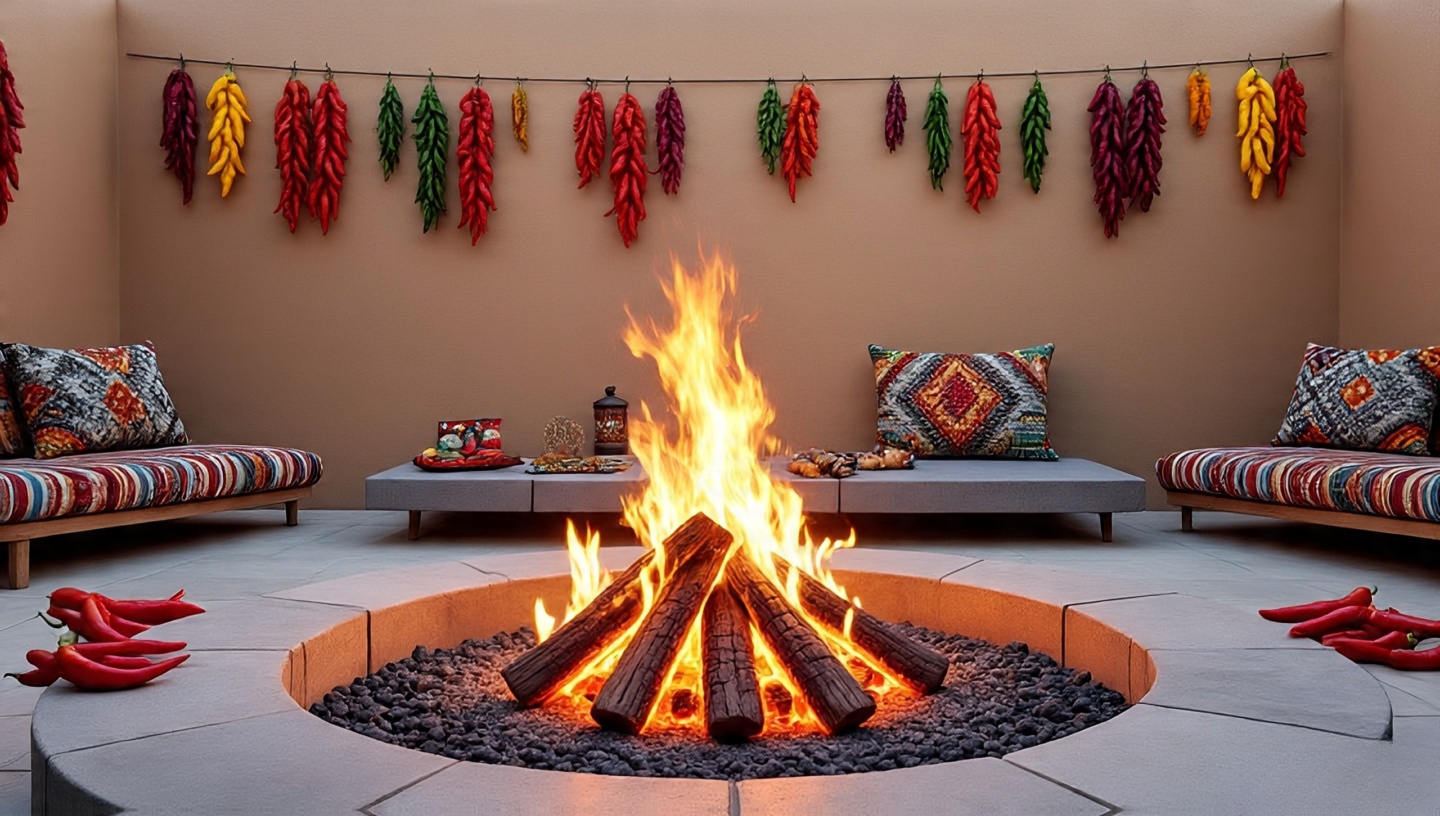 Personalized fire pit decor with chili ristras colorful pillows and artisan pottery