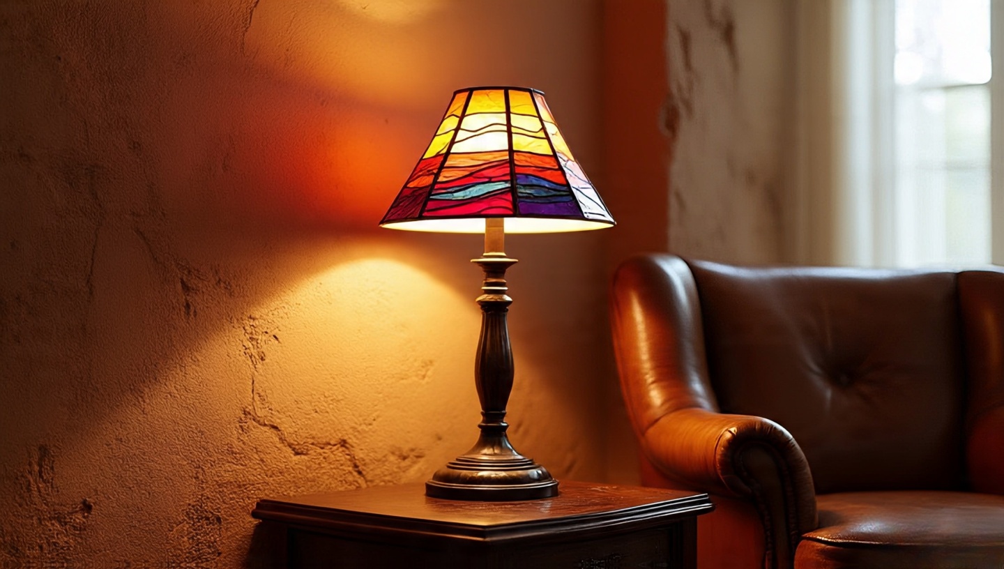Reading nook with a stained glass table lamp depicting desert sunset colors