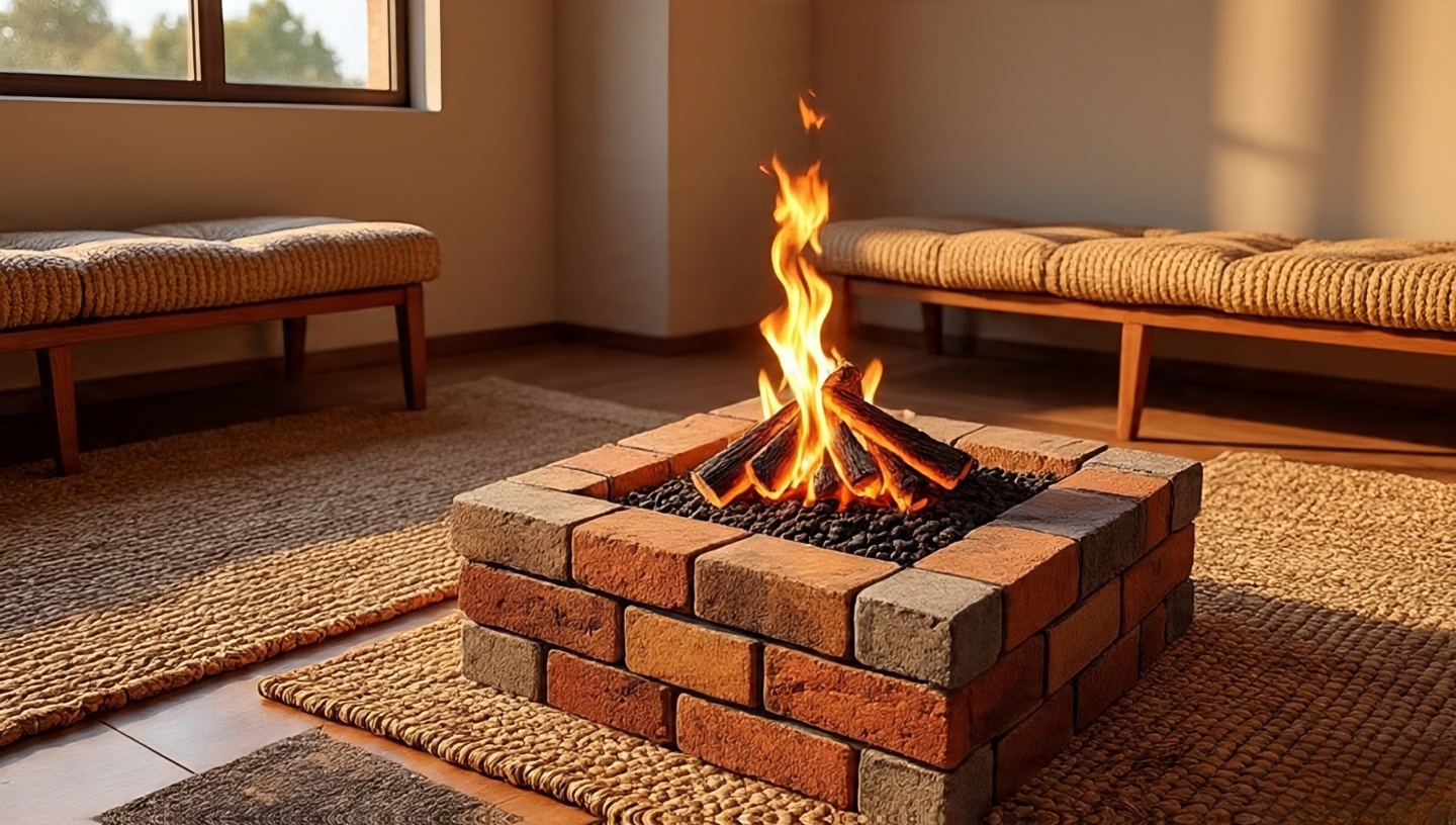 Indoor corner styled like a backyard fire pit with rustic brick, lava rock details, woven rugs, and low benches for a cozy vibe