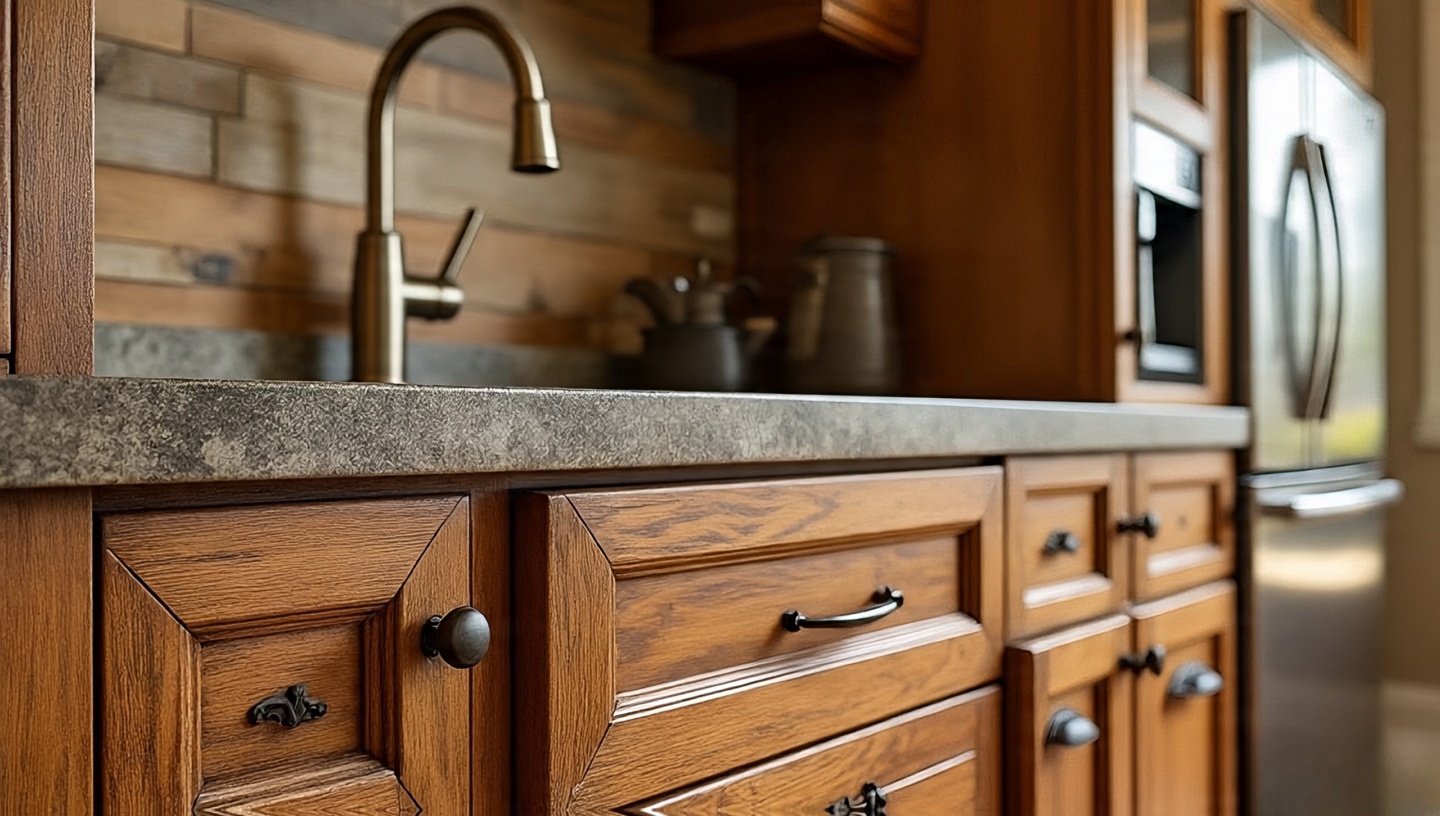 Close-up of rustic cabinet handles and hardware in Southwestern kitchen