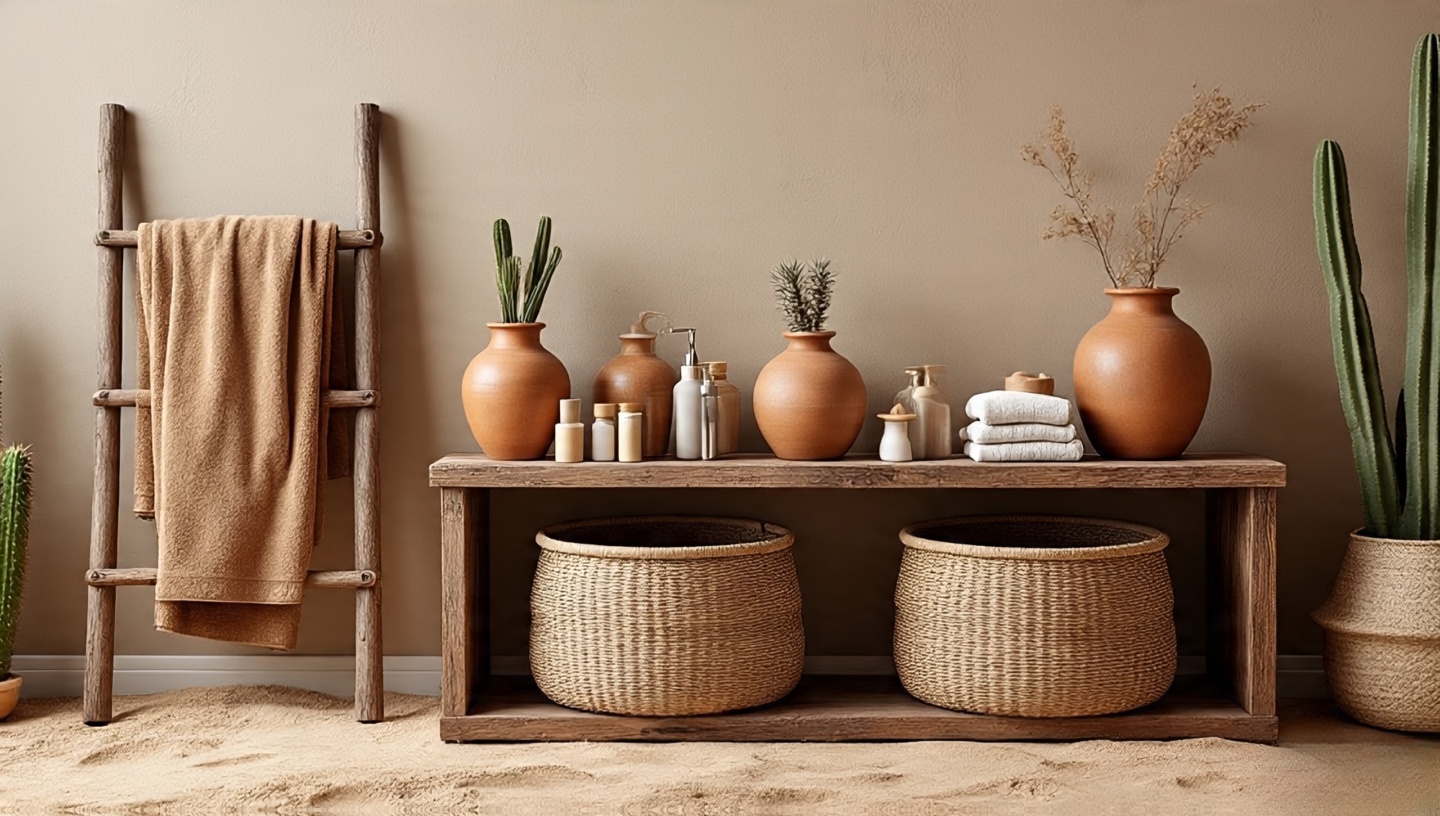 Woven baskets, clay jars and reclaimed wooden ladder towel storage in Southwestern bathroom