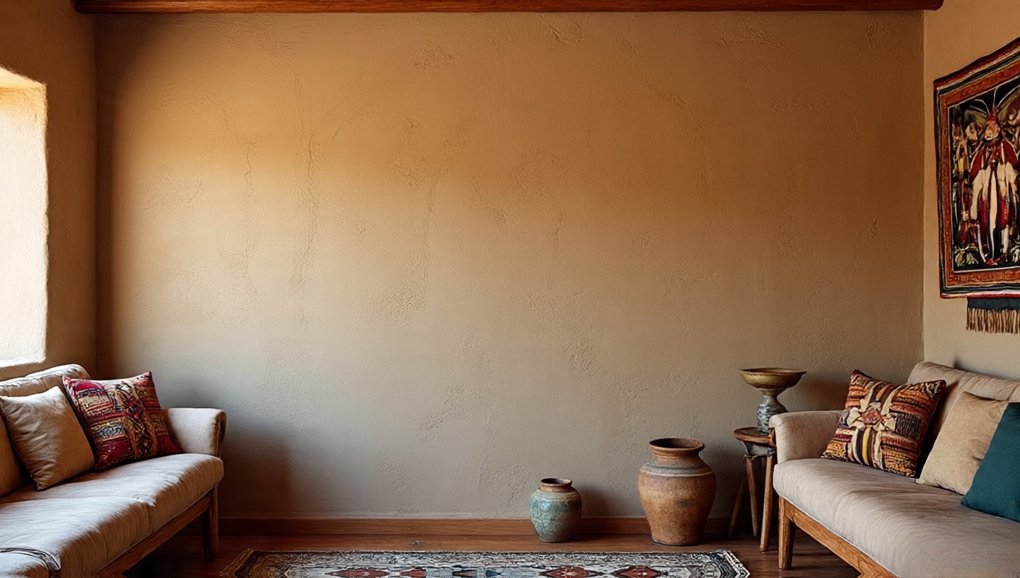 Limewash textured wall with visible brush strokes in desert-toned living room