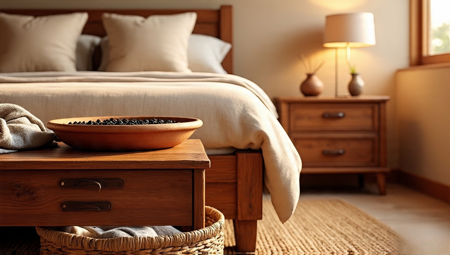 Southwestern bedside details with lava rocks tray, leather strap pulls and woven basket