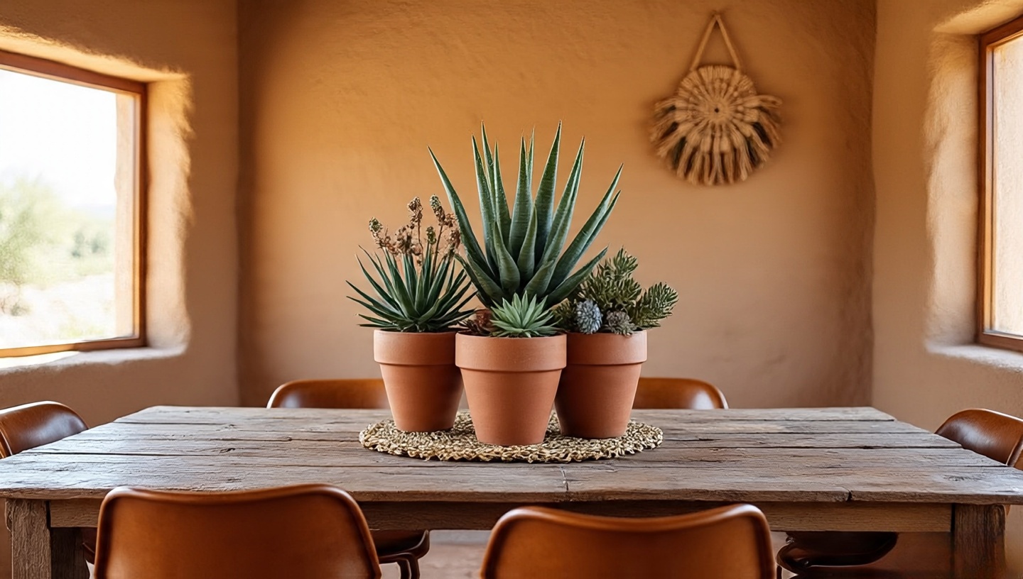 Rustic dining table styled with cactus and succulent centerpieces in terracotta pots