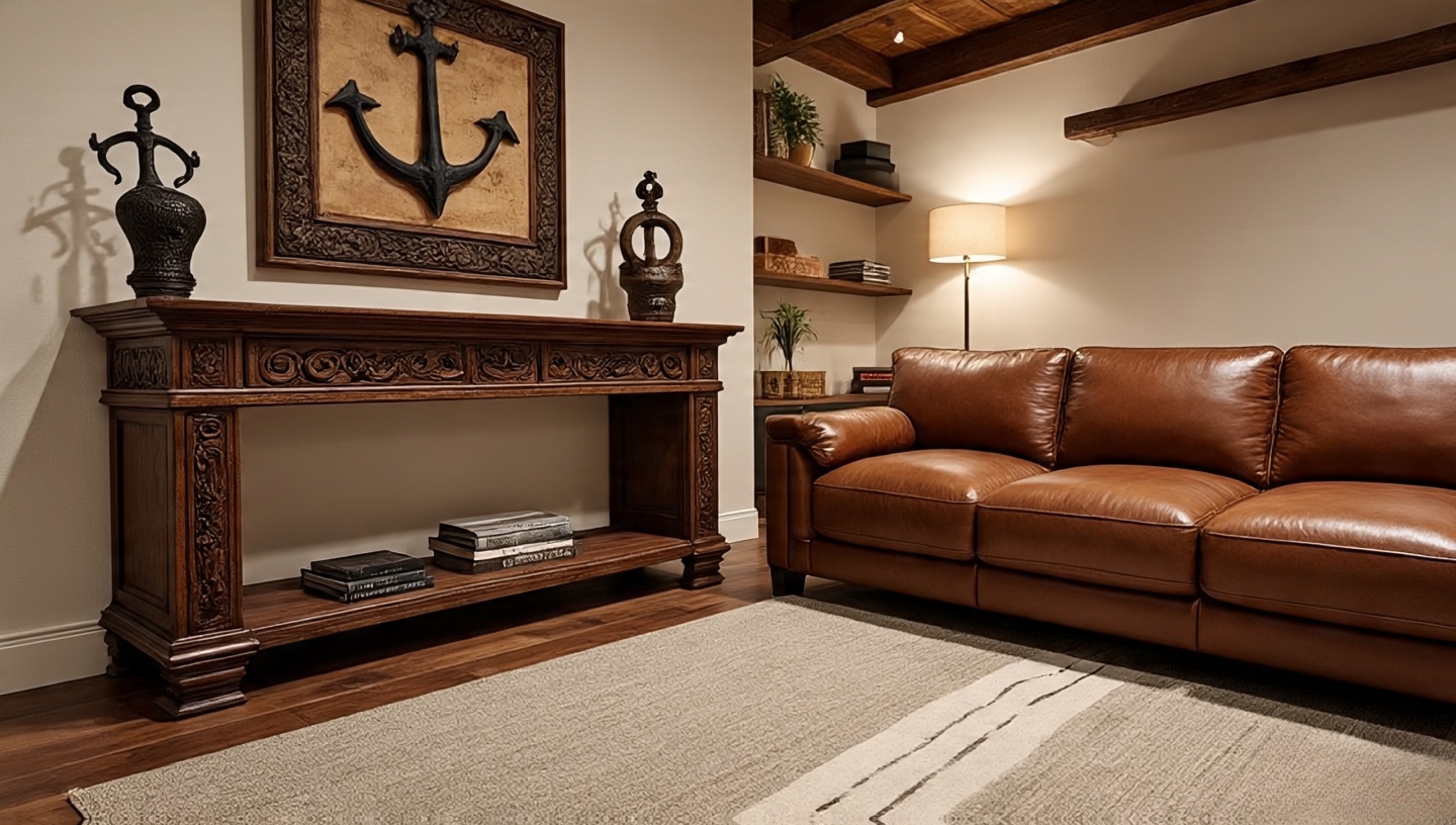 Modern loft with Southwestern anchor pieces including carved console and leather sofa against neutral backdrop