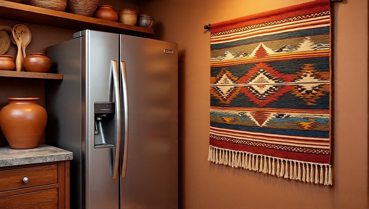 Southwestern kitchen with stainless fridge surrounded by clay pots and Navajo rug