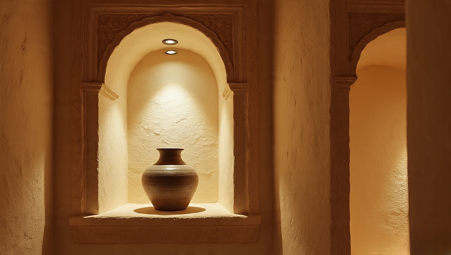 Architectural interior shot of an adobe-style carved niche with soft recessed lighting and a pottery vase