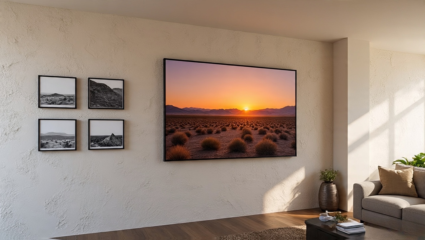 Overscale desert artwork hung low to join the seating; alternative gallery of black-and-white desert photos