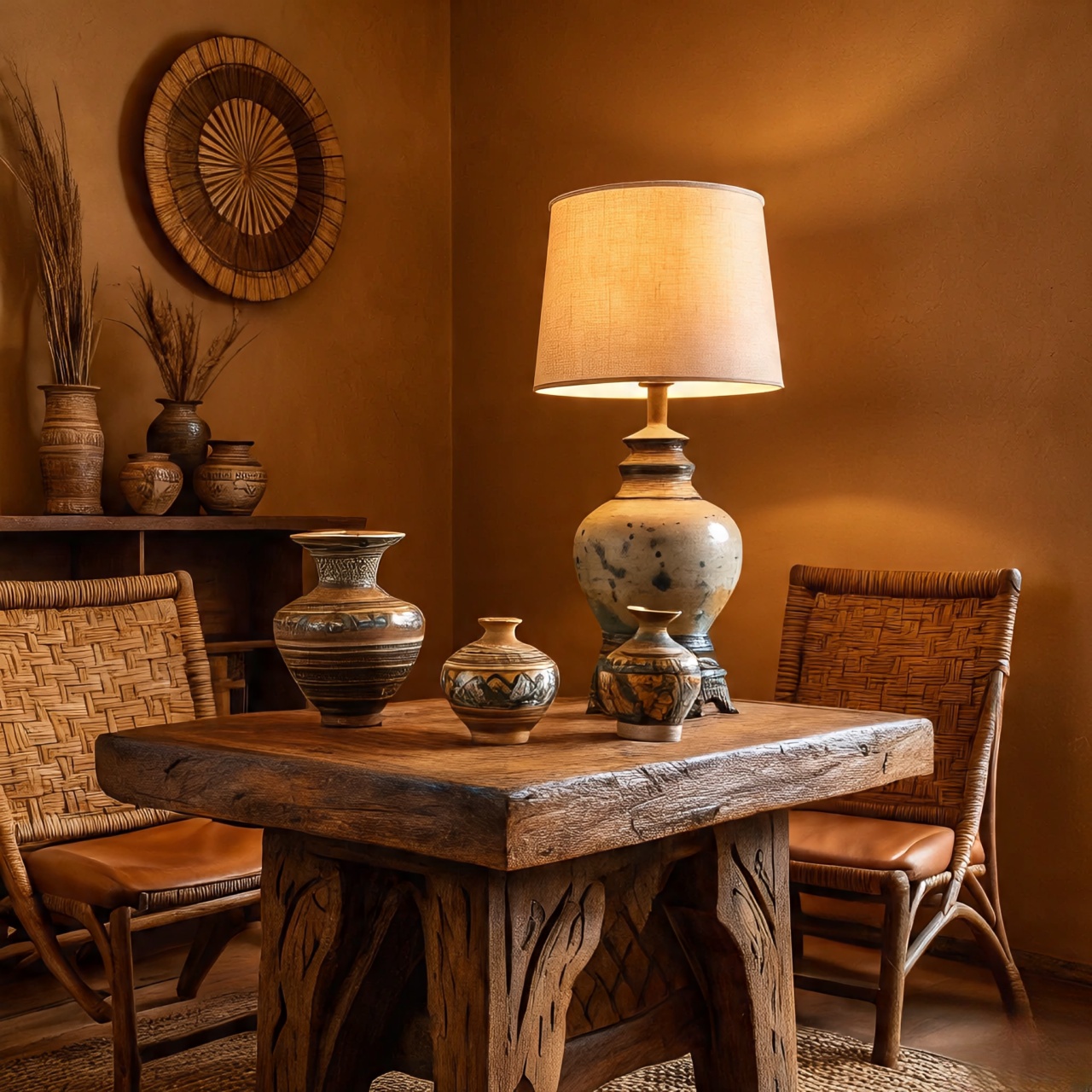 Southwestern furniture like carved wood tables and woven chairs interacting with warm lighting and shadows