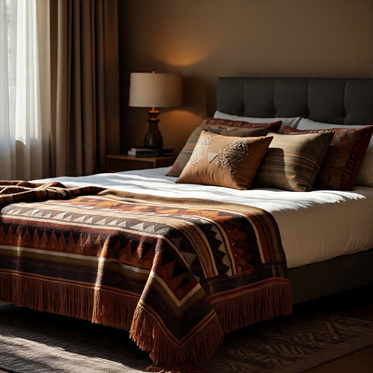 Colorful Southwestern throw blankets on bed