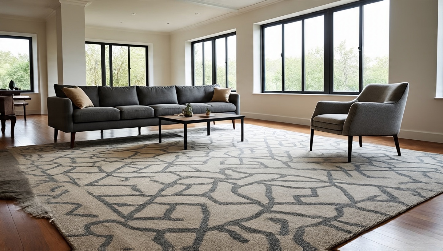 Open plan living room with diamond pattern Southwestern rug