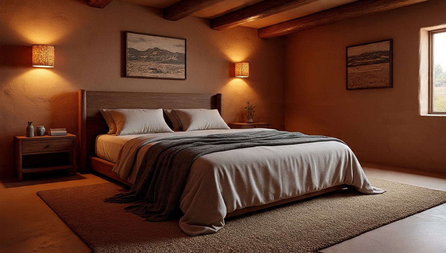 Quiet Southwestern bedroom with thick adobe walls, wool rugs and warm sconces