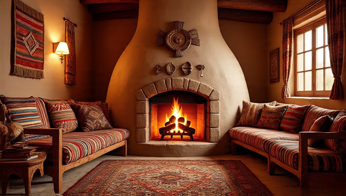 Traditional rounded kiva fireplace with adobe finish in Southwestern living room
