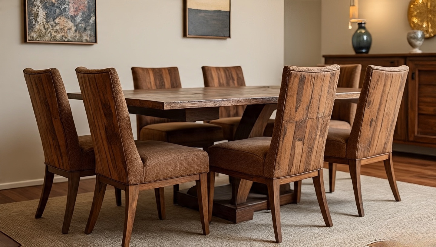 Mesquite wood dining chairs with slat backs and natural grain in a Southwestern dining room