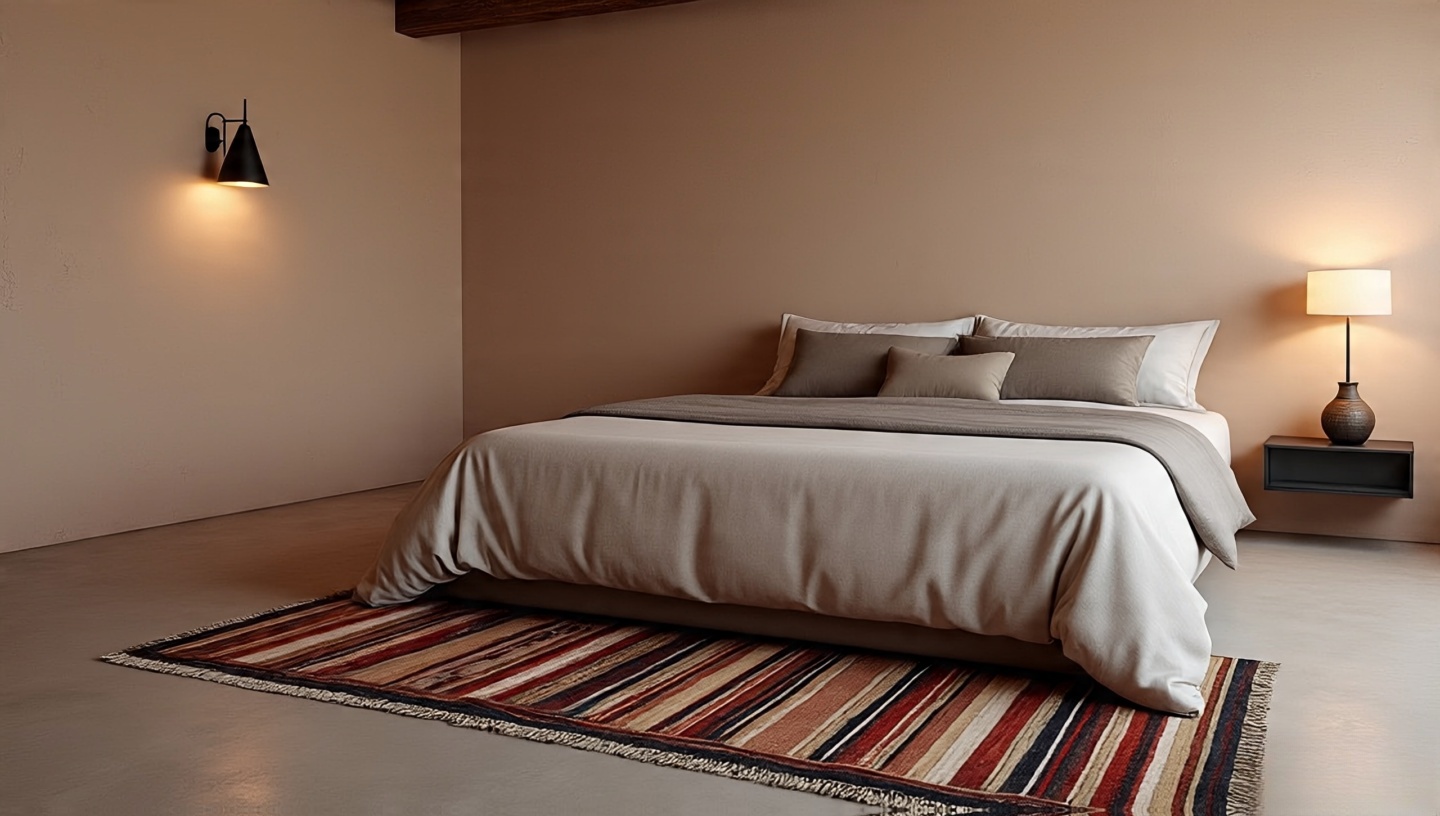 Minimalist Southwestern bedroom with platform bed, neutral linens and bold Navajo rug as focal point