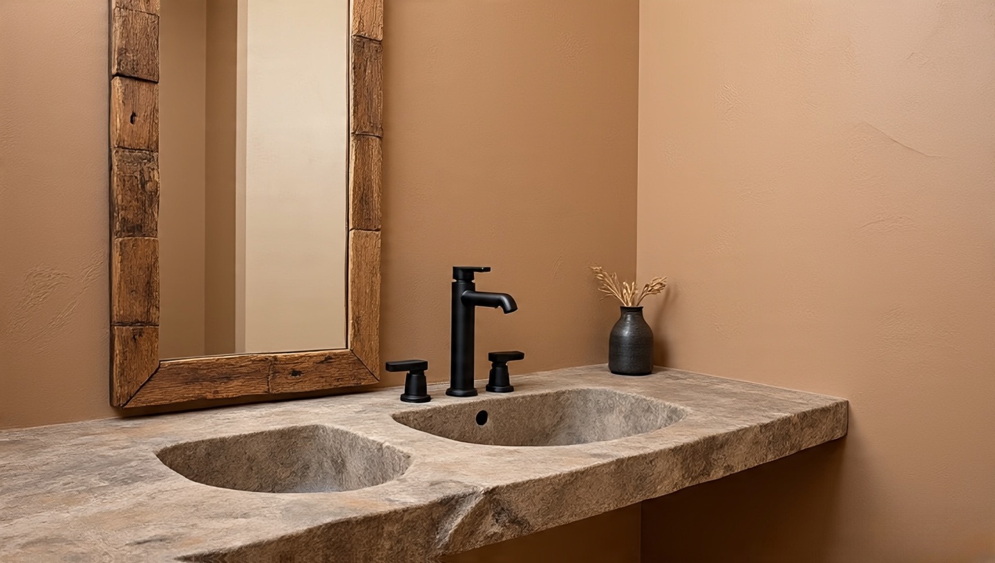 Modern black faucet on stone basin with chunky wood-framed mirror in desert-toned bathroom