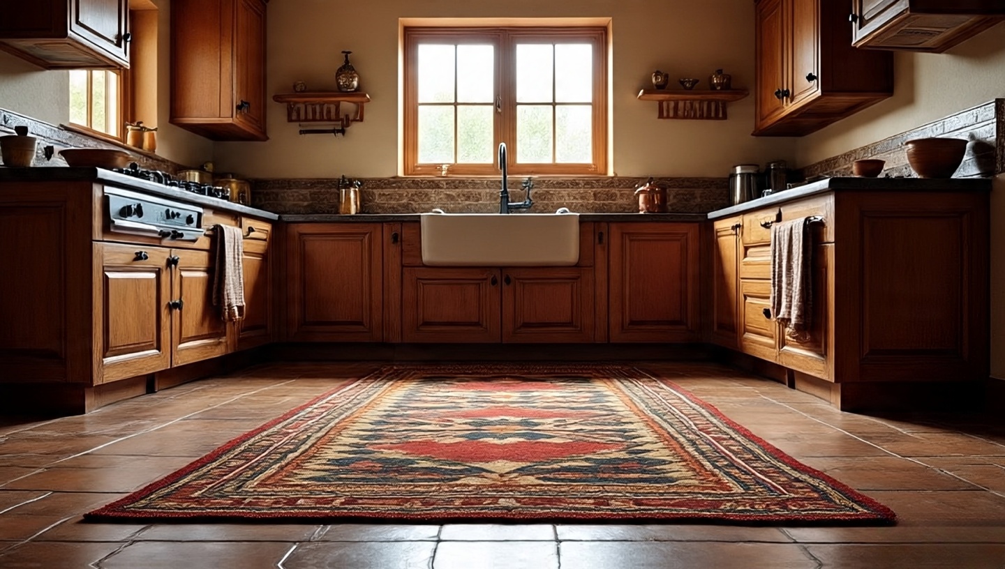 Navajo-patterned runner rug on terracotta tile floors
