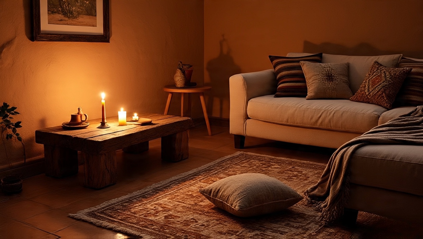 Cozy Southwestern apartment living room at dusk with candles glowing, striped blanket on linen sofa, and layered rugs for a desert-campfire vibe